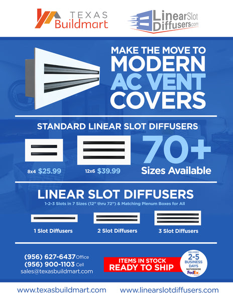 Brochure of 14x14 Modern Air Vent Cover White - 14x14 Standard Linear Slot Diffuser White - Texas Buildmart